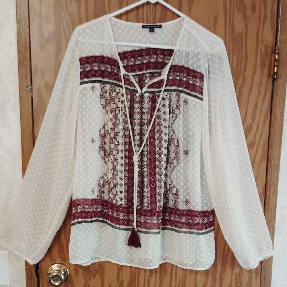 Signature Studio Cream Peasant Blouse with Burgundy Pattern